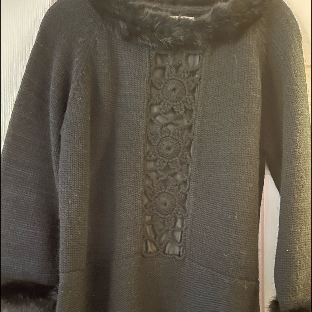 Vintage black sweater with rabbit trim around neck and sleeves size L